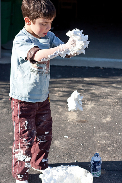 Shaving cream and cornstarch via The Risky Kids